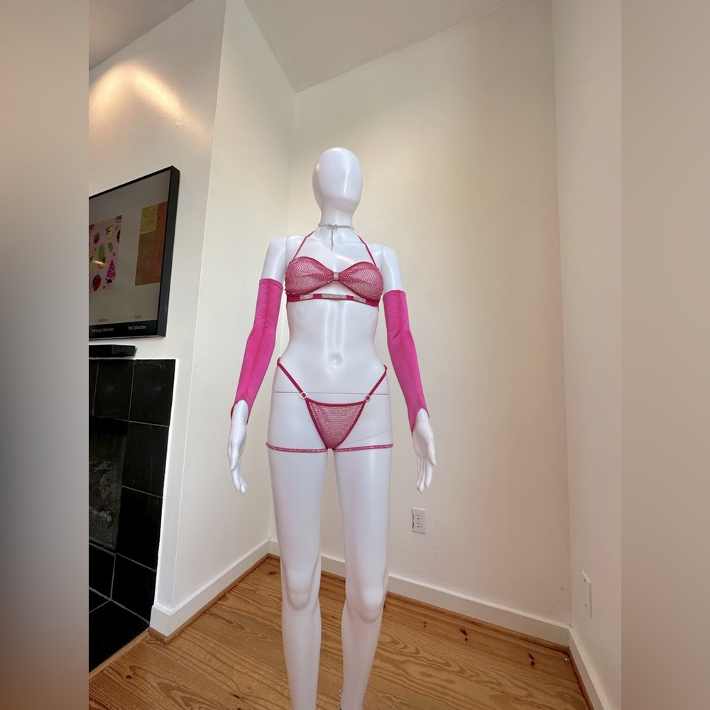 Barbie Rhinestone Pink Bow Bra 🎀 thong set Custom, Handmade, XS - Picture 4 of 10